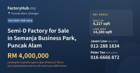 Factory For Sale - Semi-D Factory for Sale in Semanja Business Park, Puncak Alam - Puncak Alam, Selangor