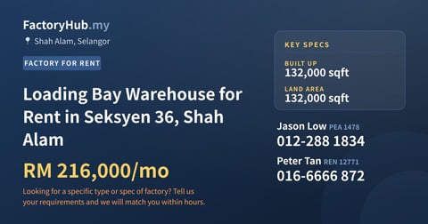 Factory For Rent - Loading Bay Warehouse for Rent in Seksyen 36, Shah Alam - Shah Alam, Selangor