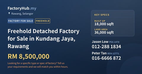 Factory For Sale - Freehold Detached Factory for Sale in Kundang Jaya, Rawang - Rawang, Selangor