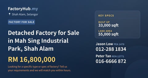 Factory For Sale - Detached Factory for Sale in Mah Sing Industrial Park, Shah Alam - Shah Alam, Selangor