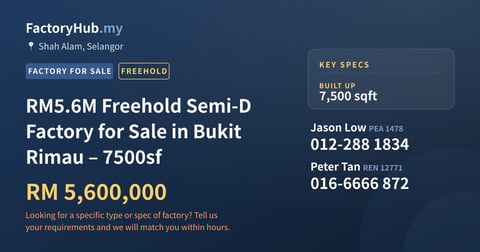 Factory For Sale - RM5.6M Freehold Semi-D Factory for Sale in Bukit Rimau – 7500sf - Shah Alam, Selangor