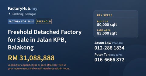 Factory For Sale - Freehold Detached Factory for Sale in Jalan KPB, Balakong - Balakong, Selangor
