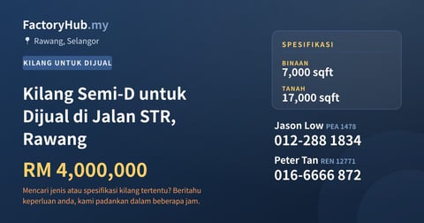 Kilang Untuk Dijual - Kilang Semi-D untuk Dijual di Jalan STR, Rawang - Rawang, Selangor