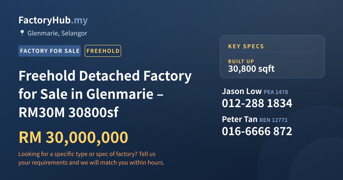 Factory For Sale - Freehold Detached Factory for Sale in Glenmarie – RM30M 30800sf - Glenmarie, Selangor