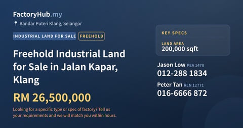 Land For Sale - Freehold Industrial Land for Sale in Jalan Kapar, Klang - Bandar Puteri Klang, Selangor