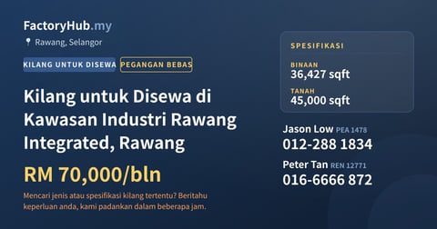 Kilang Untuk Disewa - Kilang untuk Disewa di Kawasan Industri Rawang Integrated, Rawang - Rawang, Selangor