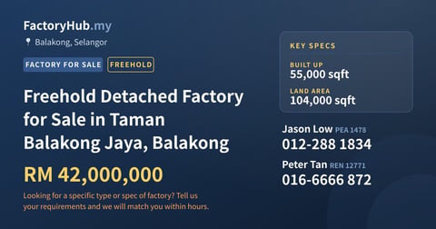Factory For Sale - Freehold Detached Factory for Sale in Taman Balakong Jaya, Balakong - Balakong, Selangor