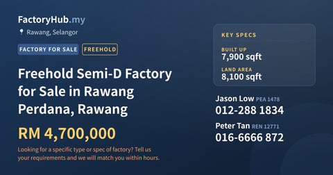 Factory For Sale - Freehold Semi-D Factory for Sale in Rawang Perdana, Rawang - Rawang, Selangor