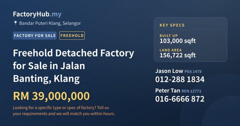 Factory For Sale - Freehold Detached Factory for Sale in Jalan Banting, Klang - Bandar Puteri Klang, Selangor
