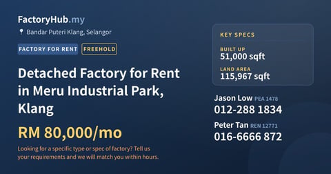 Factory For Rent - Detached Factory for Rent in Meru Industrial Park, Klang - Bandar Puteri Klang, Selangor