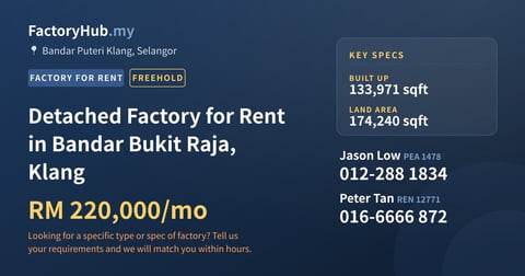 Factory For Rent - Detached Factory for Rent in Bandar Bukit Raja, Klang - Bandar Puteri Klang, Selangor