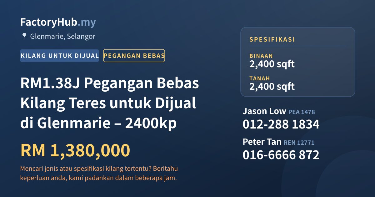 Kilang Untuk Dijual - RM1.38J Pegangan Bebas Kilang Teres untuk Dijual di Glenmarie – 2400kp - Glenmarie, Selangor