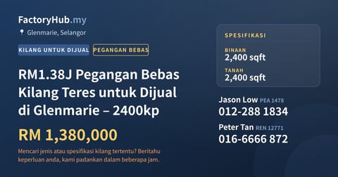 Kilang Untuk Dijual - RM1.38J Pegangan Bebas Kilang Teres untuk Dijual di Glenmarie – 2400kp - Glenmarie, Selangor