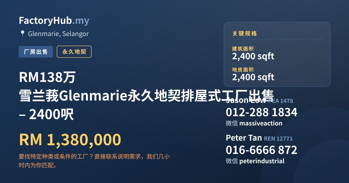 工厂 出售 - RM138万 雪兰莪Glenmarie永久地契排屋式工厂出售 – 2400呎 - Glenmarie, Selangor