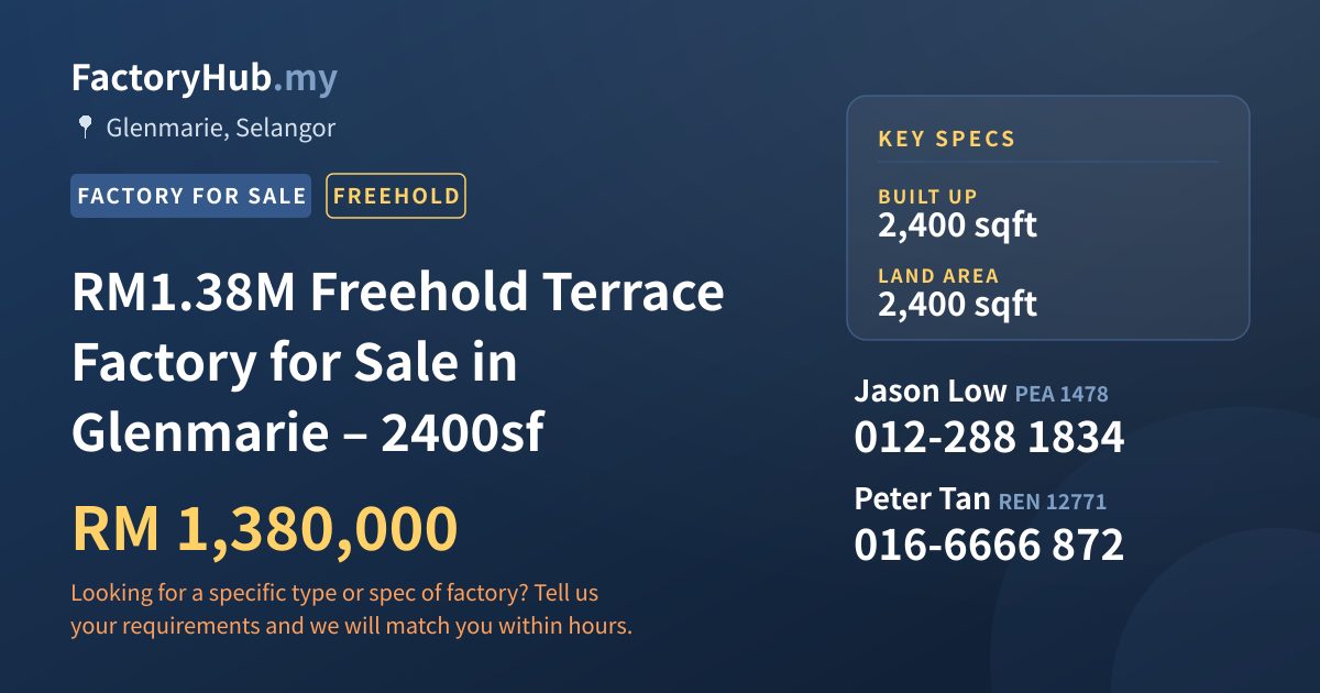 Factory For Sale - RM1.38M Freehold Terrace Factory for Sale in Glenmarie – 2400sf - Glenmarie, Selangor