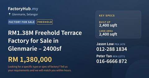 Factory For Sale - RM1.38M Freehold Terrace Factory for Sale in Glenmarie – 2400sf - Glenmarie, Selangor