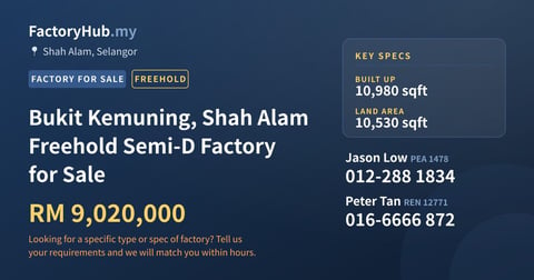 Factory For Sale - Bukit Kemuning, Shah Alam Freehold Semi-D Factory for Sale - Shah Alam, Selangor