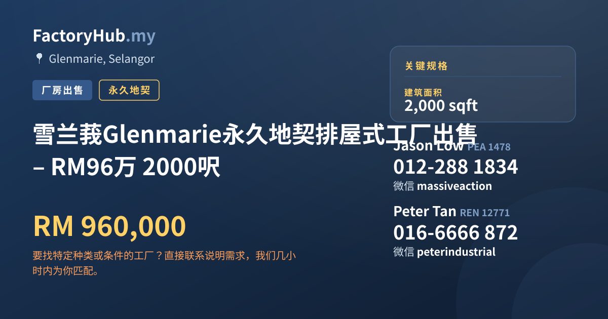 工厂 出售 - 雪兰莪Glenmarie永久地契排屋式工厂出售 – RM96万 2000呎 - Glenmarie, Selangor