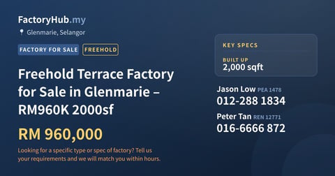 Factory For Sale - Freehold Terrace Factory for Sale in Glenmarie – RM960K 2000sf - Glenmarie, Selangor