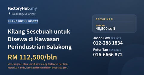 Kilang Untuk Disewa - Kilang Sesebuah untuk Disewa di Kawasan Perindustrian Balakong - Balakong, Selangor