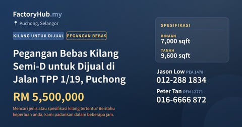 Kilang Untuk Dijual - Pegangan Bebas Kilang Semi-D untuk Dijual di Jalan TPP 1/19, Puchong - Puchong, Selangor