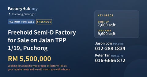 Factory For Sale - Freehold Semi-D Factory for Sale on Jalan TPP 1/19, Puchong - Puchong, Selangor