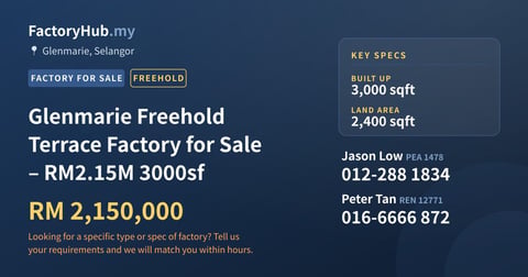 Factory For Sale - Glenmarie Freehold Terrace Factory for Sale – RM2.15M 3000sf - Glenmarie, Selangor