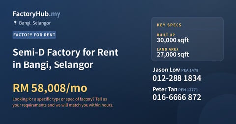 Factory For Rent - Semi-D Factory for Rent in Bangi, Selangor - Bangi, Selangor