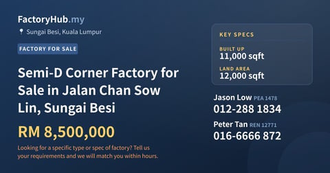 Factory For Sale - Semi-D Corner Factory for Sale in Jalan Chan Sow Lin, Sungai Besi - Sungai Besi, Kuala Lumpur