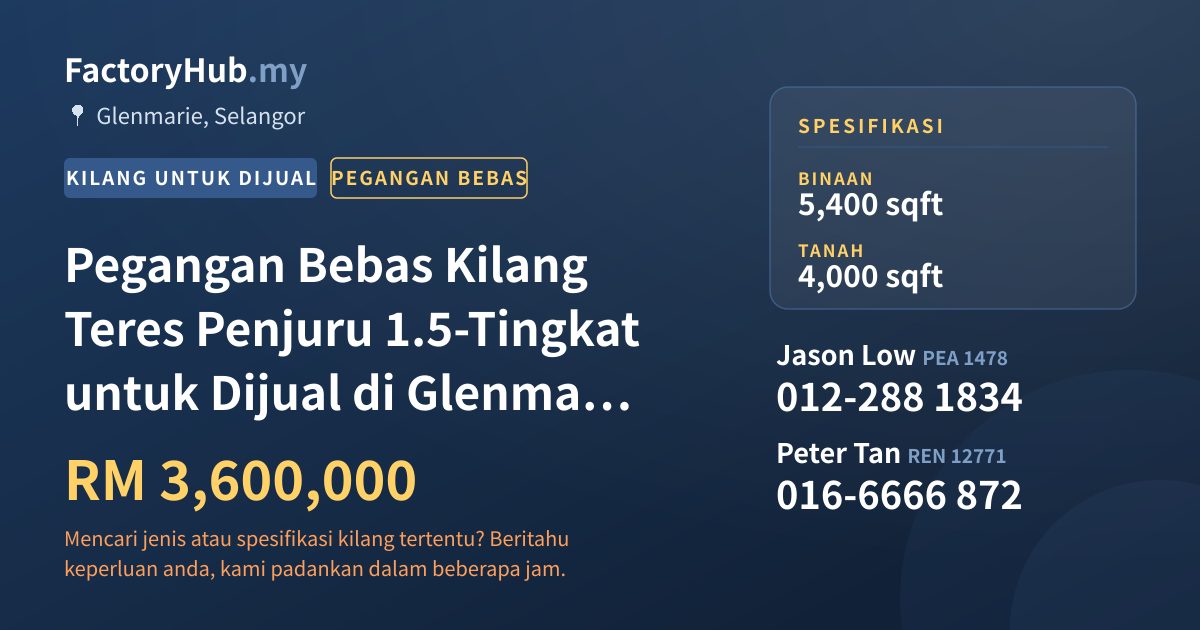Kilang Untuk Dijual - Pegangan Bebas Kilang Teres Penjuru 1.5-Tingkat untuk Dijual di Glenmarie – RM3.6J 5400kp - Glenmarie, Selangor