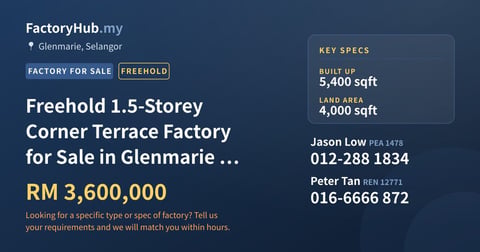 Factory For Sale - Freehold 1.5-Storey Corner Terrace Factory for Sale in Glenmarie – RM3.6M 5400sf - Glenmarie, Selangor