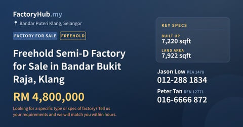 Factory For Sale - Freehold Semi-D Factory for Sale in Bandar Bukit Raja, Klang - Bandar Puteri Klang, Selangor