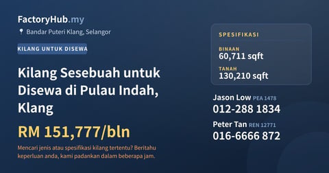 Kilang Untuk Disewa - Kilang Sesebuah untuk Disewa di Pulau Indah, Klang - Bandar Puteri Klang, Selangor