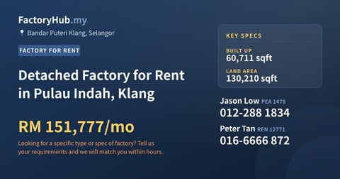 Factory For Rent - Detached Factory for Rent in Pulau Indah, Klang - Bandar Puteri Klang, Selangor