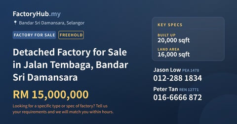 Factory For Sale - Detached Factory for Sale in Jalan Tembaga, Bandar Sri Damansara - Bandar Sri Damansara, Selangor