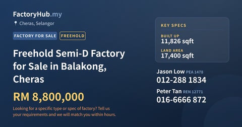 Factory For Sale - Freehold Semi-D Factory for Sale in Balakong, Cheras - Cheras, Selangor