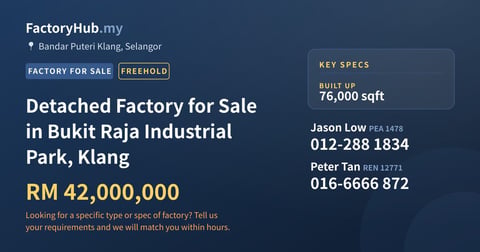 Factory For Sale - Detached Factory for Sale in Bukit Raja Industrial Park, Klang - Bandar Puteri Klang, Selangor