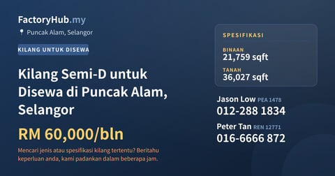 Kilang Untuk Disewa - Kilang Semi-D untuk Disewa di Puncak Alam, Selangor - Puncak Alam, Selangor