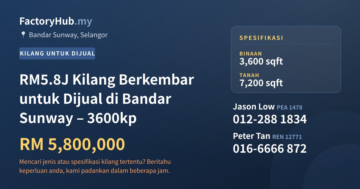 Kilang Untuk Dijual - RM5.8J Kilang Berkembar untuk Dijual di Bandar Sunway – 3600kp - Bandar Sunway, Selangor