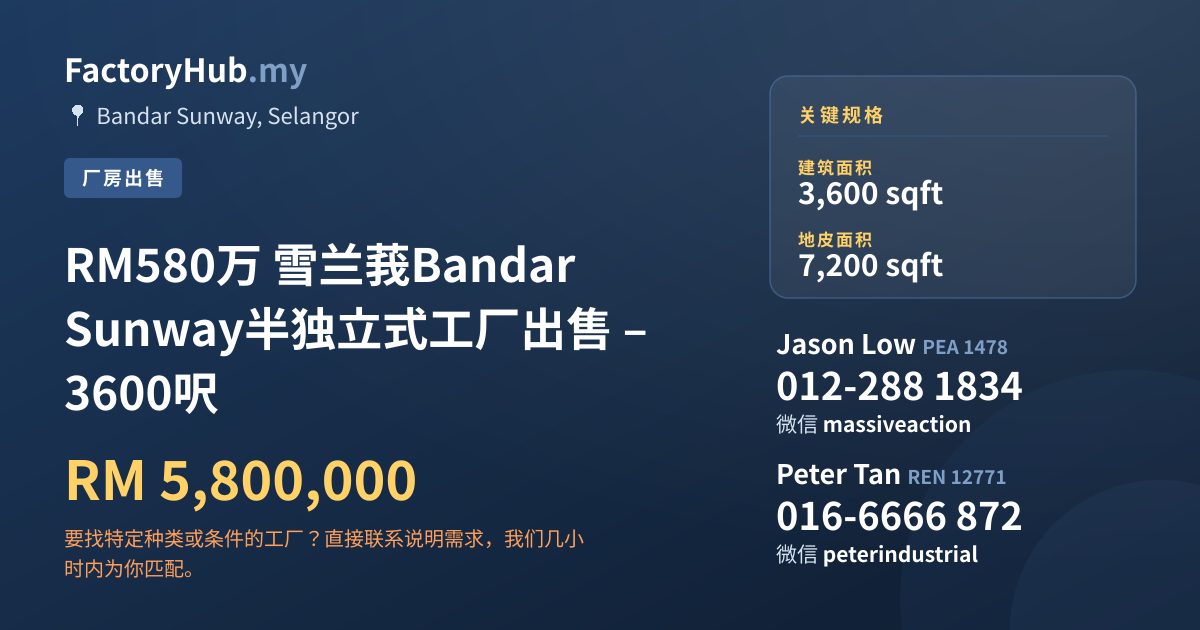 工厂 出售 - RM580万 雪兰莪Bandar Sunway半独立式工厂出售 – 3600呎 - Bandar Sunway, Selangor