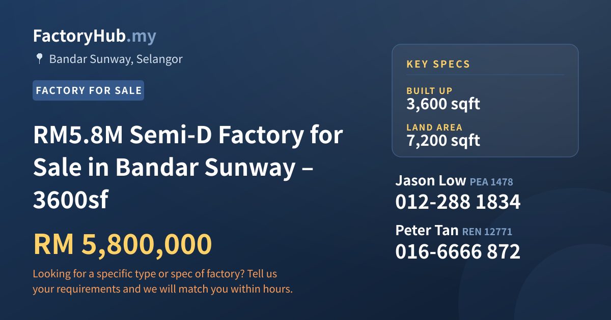Factory For Sale - RM5.8M Semi-D Factory for Sale in Bandar Sunway – 3600sf - Bandar Sunway, Selangor