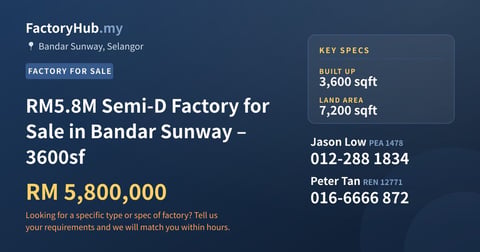 Factory For Sale - RM5.8M Semi-D Factory for Sale in Bandar Sunway – 3600sf - Bandar Sunway, Selangor