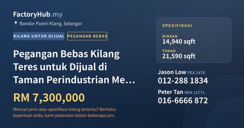 Kilang Untuk Dijual - Pegangan Bebas Kilang Teres untuk Dijual di Taman Perindustrian Meru, Klang - Bandar Puteri Klang, Selangor