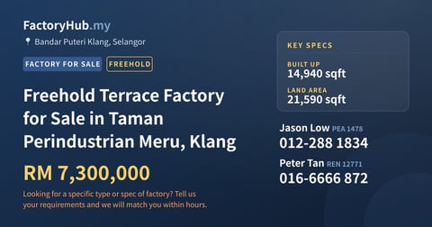 Factory For Sale - Freehold Terrace Factory for Sale in Taman Perindustrian Meru, Klang - Bandar Puteri Klang, Selangor