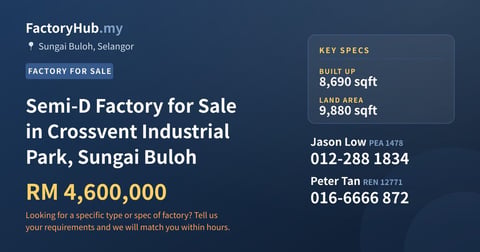 Factory For Sale - Semi-D Factory for Sale in Crossvent Industrial Park, Sungai Buloh - Sungai Buloh, Selangor