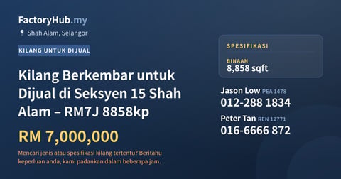Kilang Untuk Dijual - Kilang Berkembar untuk Dijual di Seksyen 15 Shah Alam – RM7J 8858kp - Shah Alam, Selangor