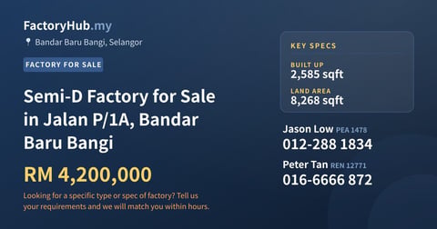 Factory For Sale - Semi-D Factory for Sale in Jalan P/1A, Bandar Baru Bangi - Bandar Baru Bangi, Selangor