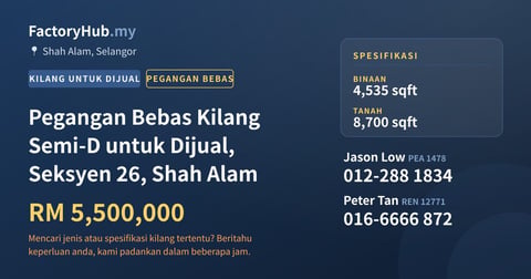 Kilang Untuk Dijual - Pegangan Bebas Kilang Semi-D untuk Dijual, Seksyen 26, Shah Alam - Shah Alam, Selangor