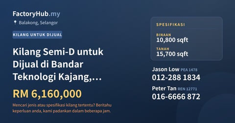Kilang Untuk Dijual - Kilang Semi-D untuk Dijual di Bandar Teknologi Kajang, Balakong - Balakong, Selangor