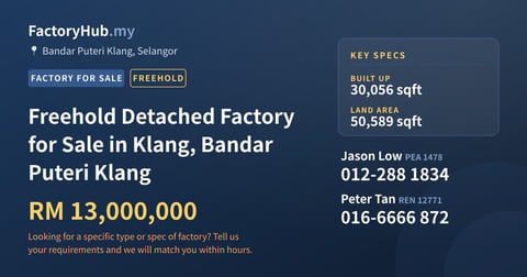 Factory For Sale - Freehold Detached Factory for Sale in Klang, Bandar Puteri Klang - Bandar Puteri Klang, Selangor